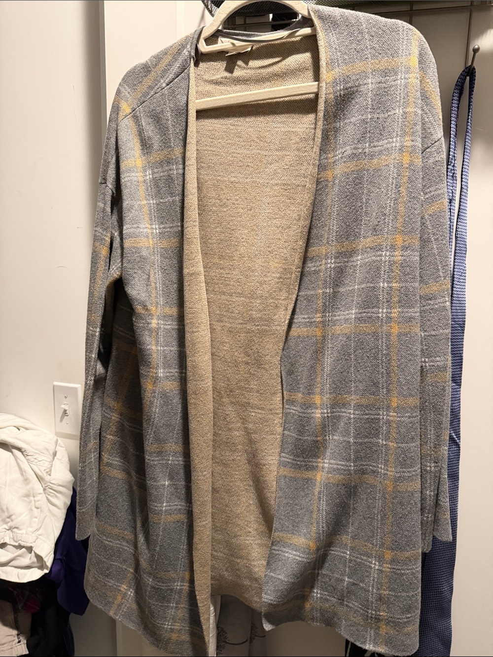 LOFT Gray Plaid Open Front Cardigan with Tan Accents